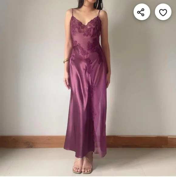 Vintage Romantic Dark Mulberry Satin Slip Gown Frederick's of Hollywood Large - Picture 6 of 12